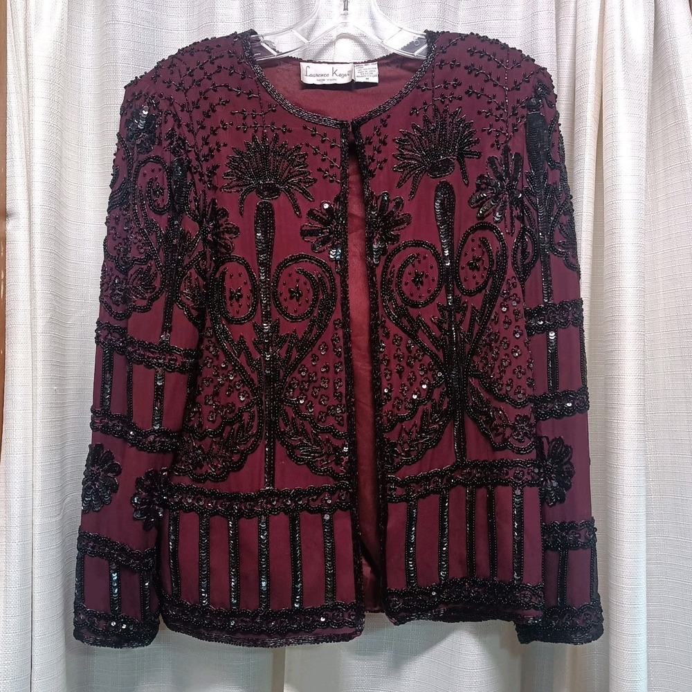Laurence Kazar Women's‎ Size M Burgundy Silk Black Beaded Sequin Evening Jacket